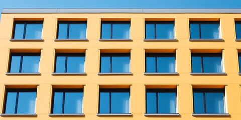 A vibrant yellow building facade is punctuated by a series of rectangular windows reflecting a clear blue sky, creating a striking visual rhythm in an urban setting.