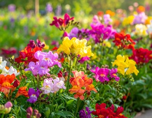 Obraz premium Close-up of vibrant, colorful flowers blooming in a sunny garden, showcasing a diverse spectrum of shades and hues