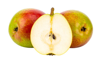 Three fresh, ripe pears, one sliced in half to show flesh and seeds, against a black backdrop