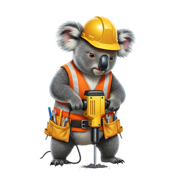 Cute koala character in hard hat and safety vest operating a jackhammer on construction site isolated on transparent background