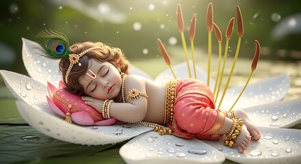 Baby Krishna sleeping on a lotus flower