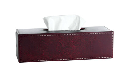 A rectangular tissue box, brown leather-look exterior, with white tissues protruding from the top