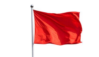 A solid red flag on a pole, billowing in the wind, against a stark black background