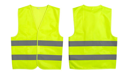 Two views, front and back, of a bright yellow safety vest with reflective horizontal stripes