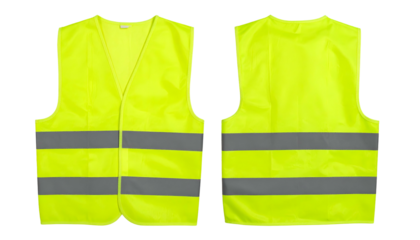 Two views, front and back, of a bright yellow safety vest with reflective horizontal stripes