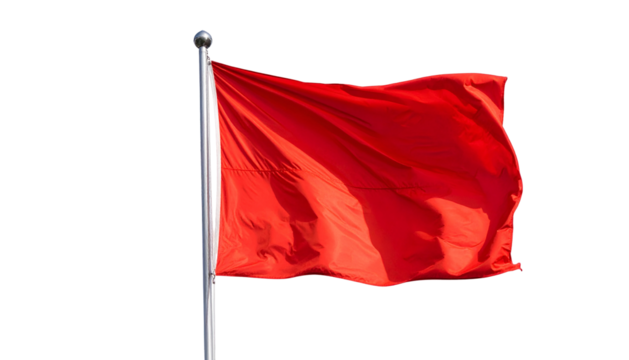 A solid red flag on a pole, billowing in the wind, against a stark black background