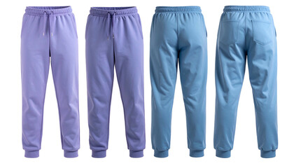 Four pairs of solid-colored sweatpants, front and back views, in varying shades of blue and purple