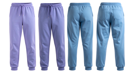 Four pairs of solid-colored sweatpants, front and back views, in varying shades of blue and purple
