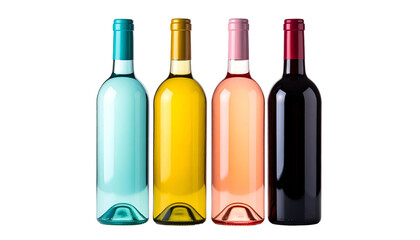 Four wine bottles, each with a different colored liquid, set against a black background