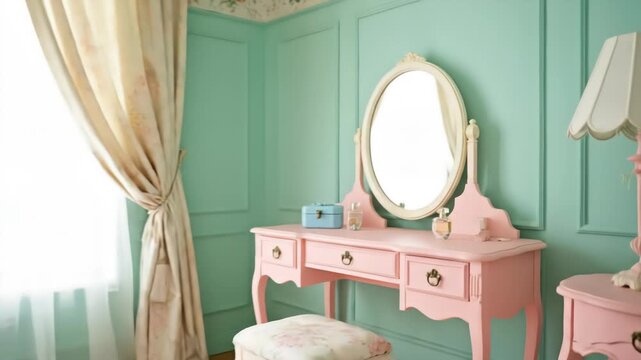 A serene and elegant room with a vintage feel, featuring a soft pink ornate dressing table and stool against mint green paneled walls. Natural light streams through sheer curtains.