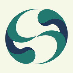 Abstract swirling organic shapes in teal and dark blue forming a circular emblem on a light background