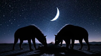 Two mysterious silhouetted creatures gathering beneath a crescent moon and starry night sky in a dark desert landscape