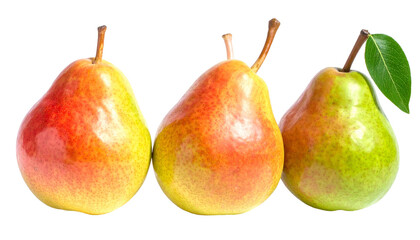 Three ripe pears, varying in color from green to red, with stems and a single leaf