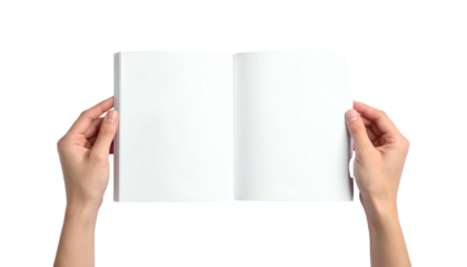Human hands holding open a blank book against a black background, ready for writing