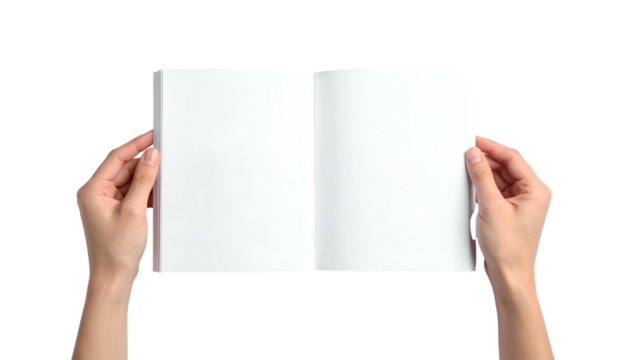 Human hands holding open a blank book against a black background, ready for writing