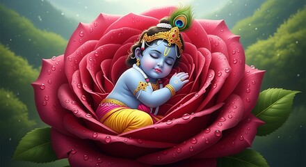 Baby Krishna sleeping in a giant rose