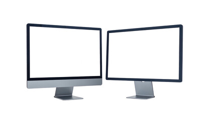 Two modern computer screens angled slightly apart, both displaying white on a black background