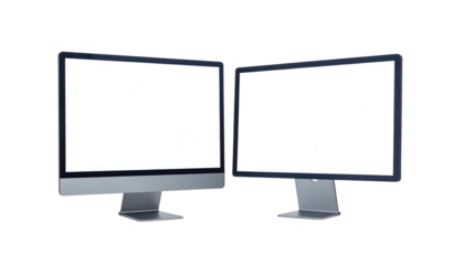 Two modern computer screens angled slightly apart, both displaying white on a black background