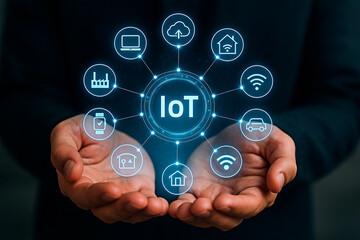 A person holds a digital image of IoT technology for the concept of smart home and cloud computing.