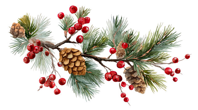 Watercolor pine branch with cones and red berries, transparent background