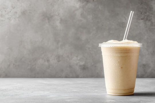 banana protein shake plastic cup minimalistic aesthetic photo