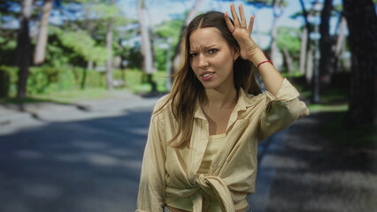 Young woman holding hand to ear on street beside green park path, tied shirt and squinting...