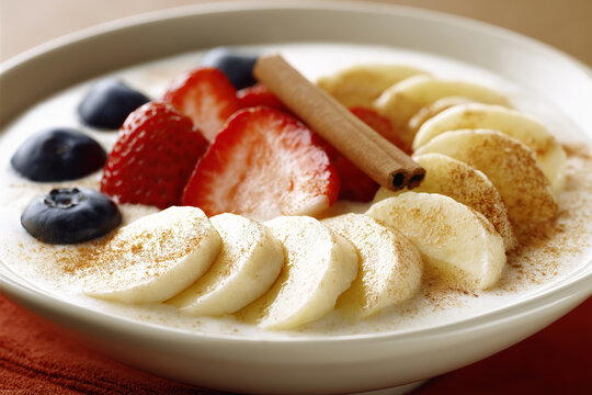Healthy kid's porridge with fresh fruit and cinnamon, served in small ceramic bowl, cozy morning atmosphere.