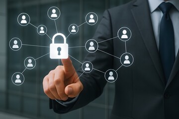 Obraz premium A business man pointing a security lock for the concept of data privacy.