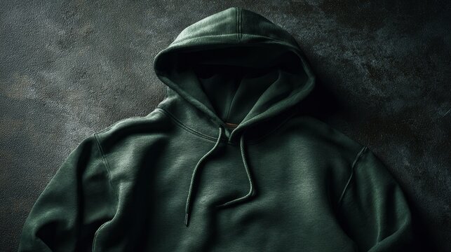 Designer forest green hoodie template flat lay with luxury fabric texture