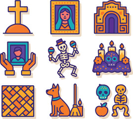 Día de Muertos Minimalist Icon Set – Mexican Celebration Symbols in Vibrant Flat Style_3