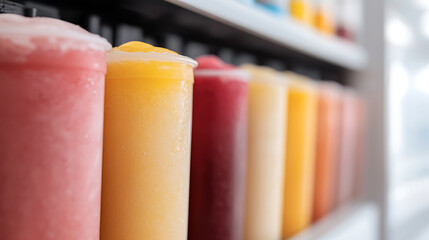 A vibrant row of fruit smoothies and frozen beverages in assorted colors are showcased, perfect for a refreshing treat on a hot day or a colorful addition to any event.