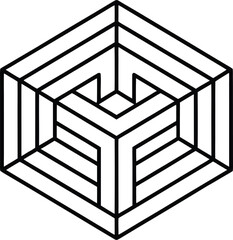 Optical illusion cube maze for adult coloring illustration on transparent background