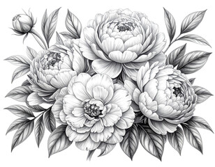 Black and White Peony Floral Illustration with Detailed Leaves, Botanical Line Art, Isolated on White Backgroun