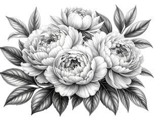 Elegant Black and White Peony Floral Illustration with Detailed Leaves, Botanical Line Art, Isolated on White Backgroun