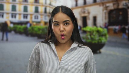 Fototapeta premium Young latin woman smiling outdoors in urban street setting with colorful background, showcasing vibrant mood and city life engagement