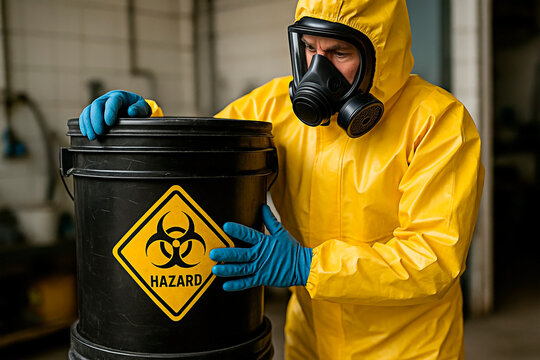 A person in hazmat suit handle toxic substance barrel for safety and hazard concept.
