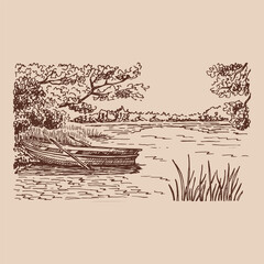 Naklejka premium Boat on the lake. Hand drawn vector illustration.