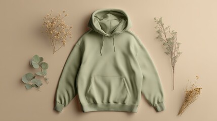 Oversized sage green hoodie mockup. Flat lay