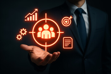 Business concept with holographic marketing strategy showing target audience engagement and people management icons