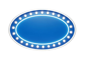 Blue oval marquee sign with illuminated light bulbs isolated on a transparent background image