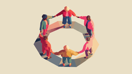 Diverse group of people holding hands in a circle, representing unity, teamwork, and global connection. Modern flat illustration.