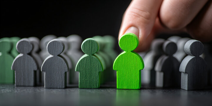 A businessman carefully chooses a green wooden figure from a collection of diverse people models on a table during a corporate strategy meeting about team selection