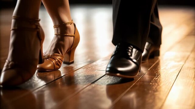 Elegant tango feet dance polished wood floor warm light, romantic couple close embrace with passion, graceful motion and rhythm focus satin