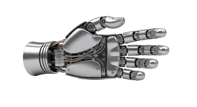 Metallic silver robotic hand with detailed internal components, open palm pose, isolated on transparent background