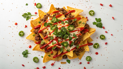 Beef nachos layered with melted cheese, fresh cilantro, jalapeno, salsa drizzle, crunchy tortilla chip, spicy aroma, party snack joy