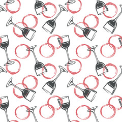 A seamless pattern of wine glasses and wine stains. Vector illustration imitating a brush drawing black ink. Clipart for a winery, wine menu, or packaging. A combination of grunge and vintage effects.