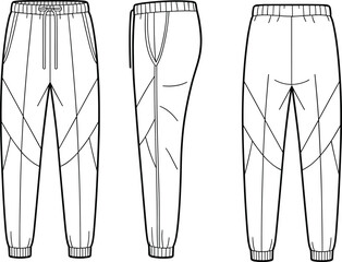 Technical Fashion Vector Illustration of Jogger Pants with Elastic Waistband, Side Pockets, and Tapered Leg Design