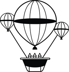 Steampunk air balloon fleet coloring art illustration on transparent background