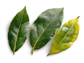 Obraz premium Fresh lemon slices and bay leaves arranged elegantly on a clean white background. This vibrant composition evokes a sense of freshness and culinary inspiration perfect for recipes.