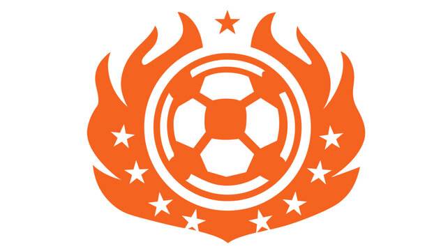 Fiery orange soccer ball emblem with stars, dynamic sport club or team logo concept, championship tournament graphic.